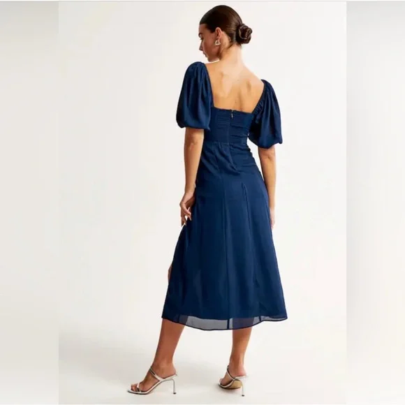 Abercrombie & Fitch Navy Blue Camille Sheer Puff Sleeve MIDI Dress- S - Picture 3 of 10